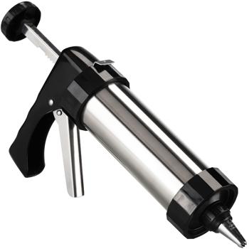 Preview: Hochwertige Gebäckpresse & Garnierspritze im silber/schwarz Design, Edelstahl, 13 Schablonen & 8 Tüllen: Für Backkunst mit Stil