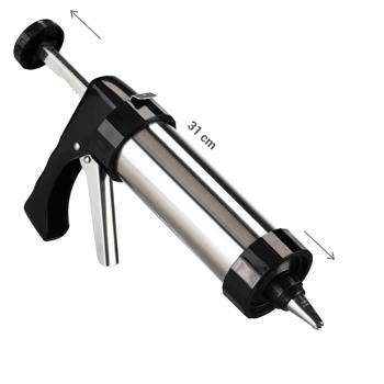 Preview: Hochwertige Gebäckpresse & Garnierspritze im silber/schwarz Design, Edelstahl, 13 Schablonen & 8 Tüllen: Für Backkunst mit Stil