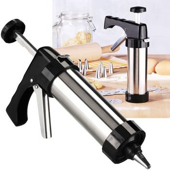 Hochwertige Gebäckpresse & Garnierspritze im silber/schwarz Design, Edelstahl, 13 Schablonen & 8 Tüllen: Für Backkunst mit Stil