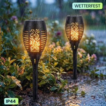 Preview: 2er-Set LED-Solar-Gartenfackeln mit Flammen-Effekt (H 78cm): Akku, realistisch & wetterfest - Fur romantisches Ambiente im Garten & Balkon