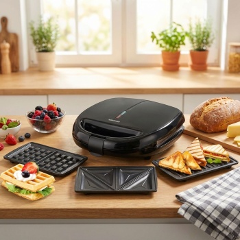 Preview: 3in1 Multifunktions-Grill - Sandwichmaker, Waffeleisen und Kontaktgrill, starke 850 W, schwarz, Antihaftbeschichtung