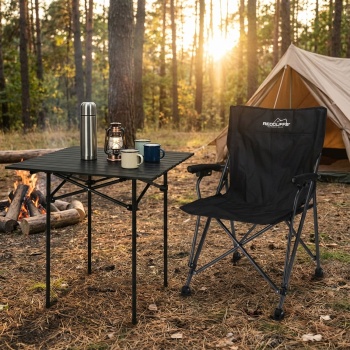 Camping-Set - kompakter Campingtisch rollbarer Tischplatte, schwarz, 70x70x69cm - Campingstuhl klappbar, belastbar 110kg, inkl. Tasche