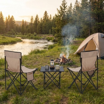Preview: Klappbares Campingstuhl- & Tischset, 2 Stühle + Tisch, beige-schwarz inkl. Transport-Tasche für Picknick, Strand, Balkon, mobil & platzsparend