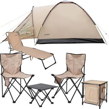 Preview: Ultimatives Camping-Starter-Set mit Zelt, Faltschrank, Tisch-Stuhl-Set & Sonnenliege – Komplettset für 2-3 Personen, sandfarben