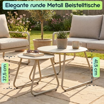 Preview: Elegante runde Metall Beistelltische im 2er-Set, beige, Ø 40 & 60 cm, Stilvolle Akzente für Ihr Wohnzimmer, Balkon oder Schlafzimmer