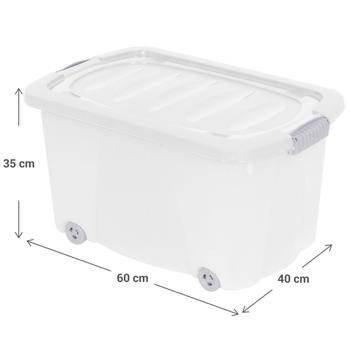 Preview: Aufbewahrungsbox mit Clip-Deckel und Rollen - 45 L Transparent - Polypropylen 60x40x35cm - Für Kleidung, Schuhe & mehr - Robust & Hygienisch
