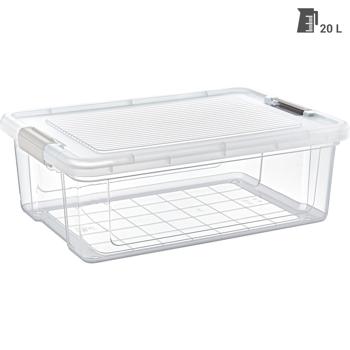 Preview: Aufbewahrungs- und Vorratsbox 20 Liter, transparenter Kunststoff, praktische Vorratsdose mit Deckel & 2 Klippverschlüssen für Küche, Haushalt, Camping
