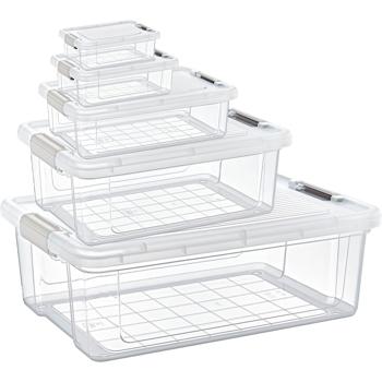 Aufbewahrungs- und Vorratsboxen Set 5-teilig aus transparentem Kunststoff, Vorratsdosen mit Deckel und 2 Klippverschlüssen in den Grössen 0.8l bis 20l