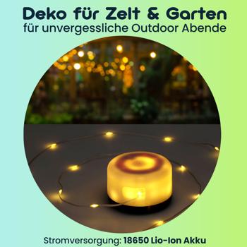 Preview: 4er-Set Vielseitige 2in1 Akku Campingleuchte mit 10m LED Lichterkette (7 Modi, 100 LEDs): Deko für Zelt & Garten, für unvergessliche Outdoor Abende