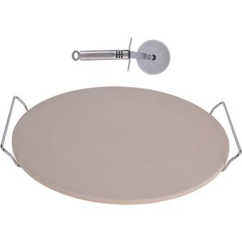 Pizzastein Set - knusprige Pizza wie aus dem Steinofen - Ø 33 cm Backstein bis 300°C - inkl. Edelstahl-Pizzaschneider 22 cm - für Brot Brötchen