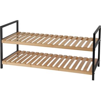 Preview: 2er-Set aus Schuhlöffel & robustem Schuhregal aus Metall & Bambus: 2 Ablagen, 70x30x32cm -Stabile Konstruktion, langlebige Materialien, einfache Montage, platzsparende Lösung