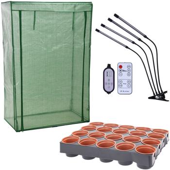 Preview: Profi Set: Vollspektrum LED Pflanzenlampe mit 4 Schwanenhälsen, Gewächshaus 100x150x50 cm für Tomaten & 20 Anzuchttöpfe – ideales Grow Kit