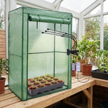 Profi Set: Vollspektrum LED Pflanzenlampe mit 4 Schwanenhälsen, Gewächshaus 100x150x50 cm für Tomaten & 20 Anzuchttöpfe – ideales Grow Kit