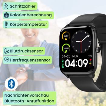 Preview: Profi Fitness SmartWatch Bluetooth, multicolor Touch Display, schwarz, Fitnesstracker m. 20 Sportmodi, Schlafüberwachung, Herzfrequenz, Taschenlampe