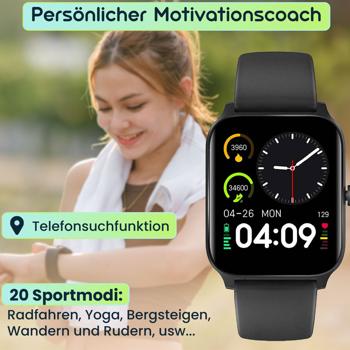 Preview: Profi Fitness SmartWatch Bluetooth, multicolor Touch Display, schwarz, Fitnesstracker m. 20 Sportmodi, Schlafüberwachung, Herzfrequenz, Taschenlampe