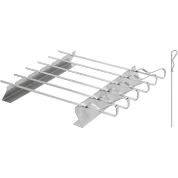 Preview: 6 Edelstahl Grillspiesse mit Ablage-Gestell – Perfekt für Schaschlik, Meeresfrüchte & Gemüse, für bequemes Grillen & Servieren