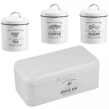Preview: Dekoratives Vintage-Vorratsbehälter-Set: Weisse Brotbox, Kaffeedose, Zuckerdose, Teedose mit Aufdruck, für nostalgische & stilvolle Aufbewahrung