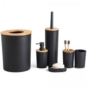 Modernes Badezimmer-Set 6-teilig in edlem Mattschwarz mit warmen Bambus Akzenten - Stilvolle Badaccessoires für einen eleganten Look im Bad