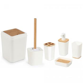 6-tlg. Badezimmer Zubehör Set: weiss/Bambus, Zahnputzbecher, Seifenspender & mehr - Komplettes Bad-Set – Stilvoll, Praktisch & natürlich Schön