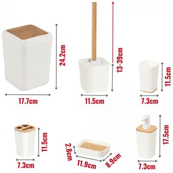 Preview: 6-tlg. Badezimmer Zubehör Set: weiss/Bambus, Zahnputzbecher, Seifenspender & mehr - Komplettes Bad-Set – Stilvoll, Praktisch & natürlich Schön