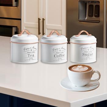Preview: Vintage Vorratsbehälter Set 3-teilig - Kaffeedose, Zuckerdose, Teedose - luftdicht, Metall, Weiss/Roségold, Ø 11.2 x H 9.5-13 cm