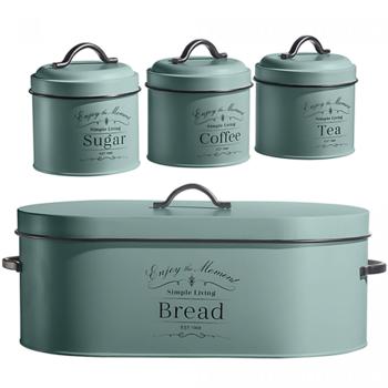 Preview: Charmantes Vintage Vorratsbehälter-Set, Grün - Brotbox, Kaffeedose, Zuckerdose, Teedose – Nostalgischer Küchen-Blickfang