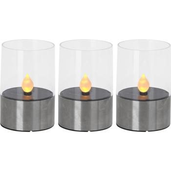 3er-Set Solar-Kerzenleuchte mit Edelstahl-Sockel Ø 7,5 cm - Flackernder Flammeneffekt warmweiss - IP44 Aussenbereich - NiMH-Akku 6-8h Leuchtdauer