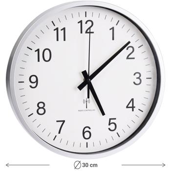 Preview: Moderne analoge Funk-Wanduhr, Ø 30 cm, silber/weiss, batteriebetrieben, für Küche, Wohnzimmer, Schlafzimmer, Büro