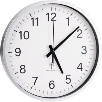 Preview: Moderne analoge Funk-Wanduhr, Ø 30 cm, silber/weiss, batteriebetrieben, für Küche, Wohnzimmer, Schlafzimmer, Büro
