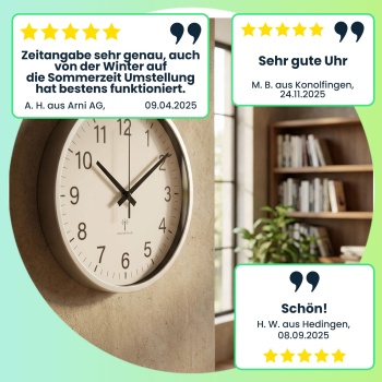 Preview: Moderne analoge Funk-Wanduhr, Ø 30 cm, silber/weiss, batteriebetrieben, für Küche, Wohnzimmer, Schlafzimmer, Büro