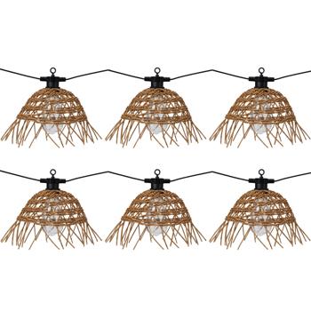 Stimmungsvolle Retro-Lichterkette mit 6 Rattan-Lampenschirmen 5,5 m – warme LED Gartenbeleuchtung für Balkon, Terrasse & gemütliche Abende