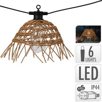 Preview: Stimmungsvolle Retro-Lichterkette mit 6 Rattan-Lampenschirmen 5,5 m – warme LED Gartenbeleuchtung für Balkon, Terrasse & gemütliche Abende