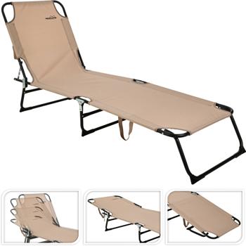 Preview: Dreibein Sonnenliege - klappbar, leicht, beige - ideal für Garten, Pool, Strand & Camping - Oxford-Stoff Liegefläche 187x55x24 cm