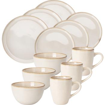 Elegantes Steingut Geschirr-Set, 16 Teile, Creme-Beige, Teller, Tassen und Schüsseln, für ein stilvoll gedeckten Tisch