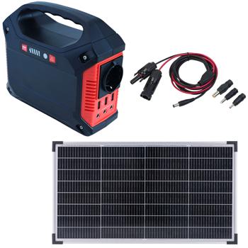 Tragbare Powerstation & Solar-Generator, 155 Wh, 180 Watt, Akku mit 230V & 12V, Leuchte, USB, Reise, Camping, Notstrom inkl. mobiles 60 Watt Solarpanel