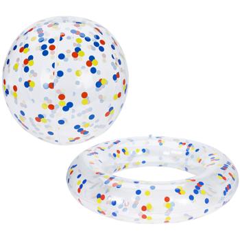 Preview: 2-teiliges Pool-Set mit bunten Punkten: Aufblasbarer Schwimmring Ø 105 cm und Strandball Ø 50 cm - Halbdurchsichtiges Design für Strand & Urlaub