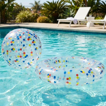 2-teiliges Pool-Set mit bunten Punkten: Aufblasbarer Schwimmring Ø 105 cm und Strandball Ø 50 cm - Halbdurchsichtiges Design für Strand & Urlaub