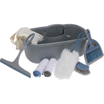 Reinigungsset, 9-teilig - Fensterabzieher, Kehrblech, Handbesen, Mikrofasertücher, Staubwedel, Bürste, Eimer und Handschuhe