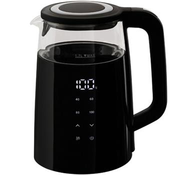 Eleganter Glas-Wasserkocher, 1.7 l, 2200 W, Borosilikat-Glas, modernes Touch Display, schwarz, silber, transparent, Warmhaltefunktion