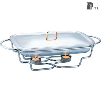 Preview: Premium Edelstahl Speisewärmer, 3 Liter, mit transparentem Glasdeckel: Ofenfest, inkl. Ständer und Teelichter, ideal für warme Buffets