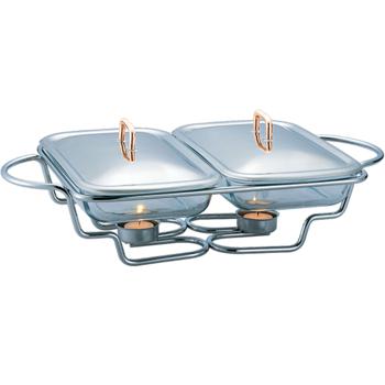 Preview: Premium Edelstahl Speisewärmer, 2 x 1,5 Liter Schalen, mit transparenten Glasdeckeln: Ofenfest, inkl. Ständer und Teelichter, ideal für warme Buffets