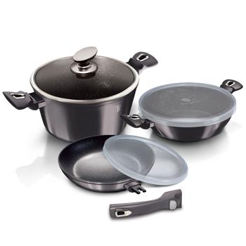 Preview: Hochwertiges 3-tlg. Topf- & Pfannen-Set: Aluminium, Deckel, abnehmbarer Griff, edles schwarz & Kunststoff-Abdeckungen - platzsparend und praktisch