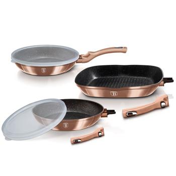 Preview: Innovatives Pfannen-Set: Designer Bronze, 3-teilig, Aluminium, 2 Brat- & 1 Grillpfanne, 2 clevere Deckel, abnehmbarer Griff - So macht Kochen Spass