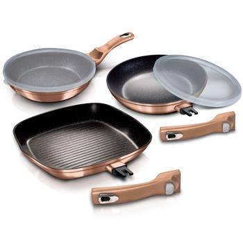Preview: Innovatives Pfannen-Set: Designer Bronze, 3-teilig, Aluminium, 2 Brat- & 1 Grillpfanne, 2 clevere Deckel, abnehmbarer Griff - So macht Kochen Spass