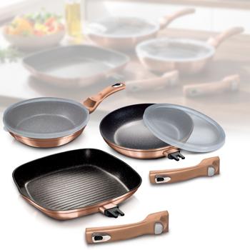 Innovatives Pfannen-Set: Designer Bronze, 3-teilig, Aluminium, 2 Brat- & 1 Grillpfanne, 2 clevere Deckel, abnehmbarer Griff - So macht Kochen Spass