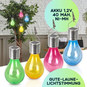 Preview: Solar LED Lampe in Glühbirnen Form, 4er-Set, bunt, Ø 7,5 x H 15 cm, Deko Glühbirne mit Drahtlichterkette für edle Lichteffekte, Partyleuchten
