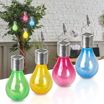 Preview: Solar LED Lampe in Glühbirnen Form, 4er-Set, bunt, Ø 7,5 x H 15 cm, Deko Glühbirne mit Drahtlichterkette für edle Lichteffekte, Partyleuchten