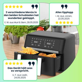 Preview: Premium Doppelkorb Heissluftfritteuse, Dual Zone, 2x 4,5 l - Air Fryer Edelstahl / ABS, 11 Kochprogramme, LED Touch Display, Antihaft, starke 2400W 