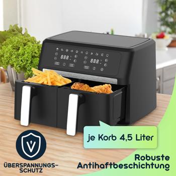Preview: Premium Doppelkorb Heissluftfritteuse, Dual Zone, 2x 4,5 l - Air Fryer Edelstahl / ABS, 11 Kochprogramme, LED Touch Display, Antihaft, starke 2400W 