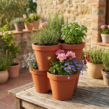 Preview: 4er-Set Blumentopf mit 3 Fächern, Terracotta, Ø 44 cm – Praktische Pflanzschale, 3-geteilt, ideal für Kräuter & Blumen